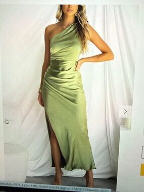 One-Shoulder Olive Green Satin Maxi Dress